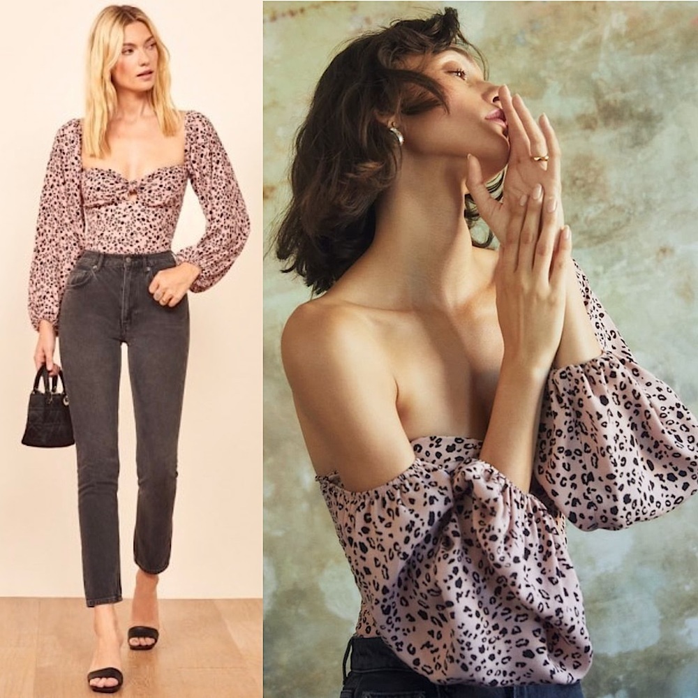 REFORMATION Leopard Sweetheart Neck‎ Puff Sleeve Off-Shoulder Smocked Back Top 4